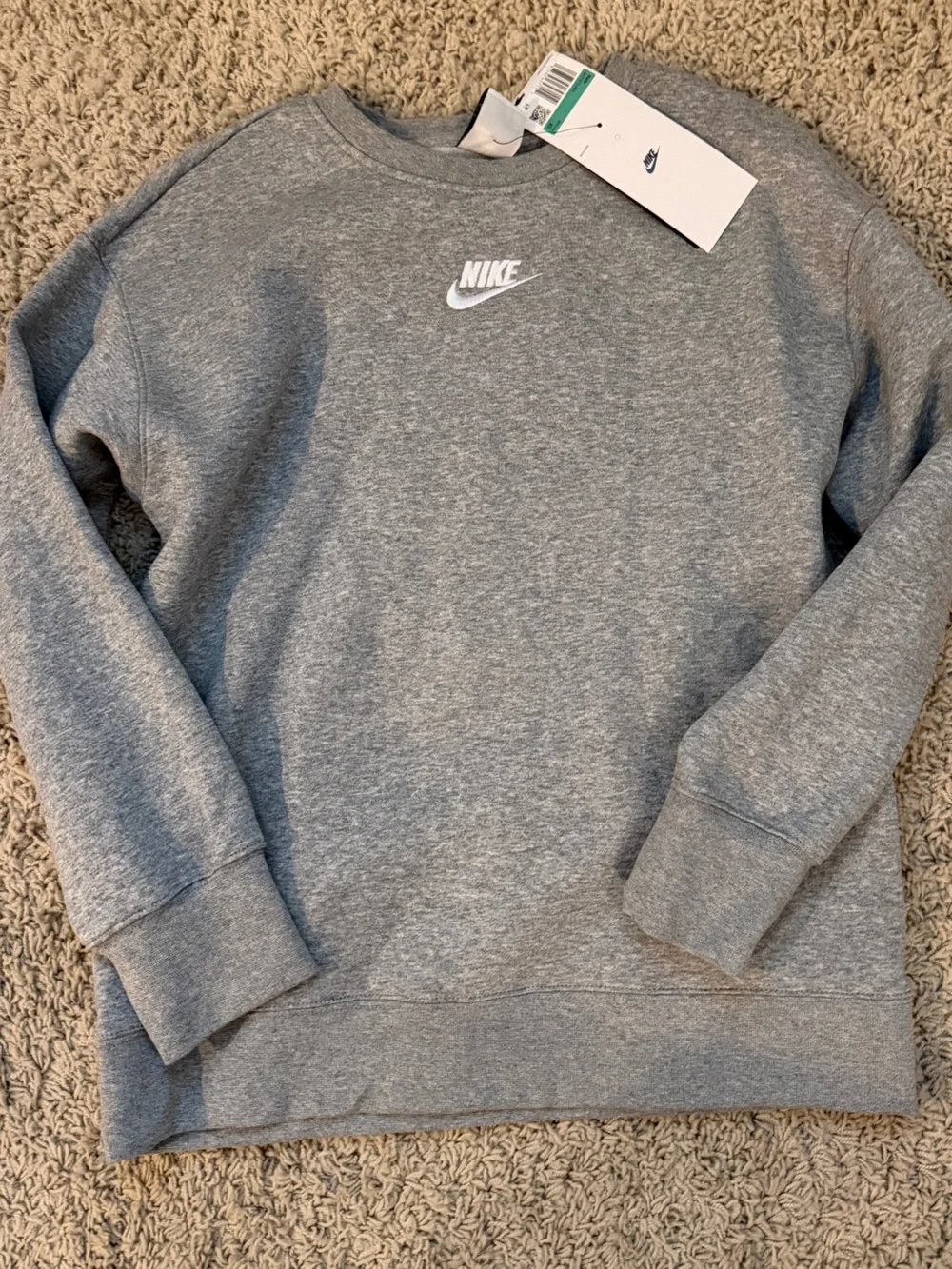 Nike Youth Heather Grey Crewneck Sweatshirt with White Logo loose fit NWT